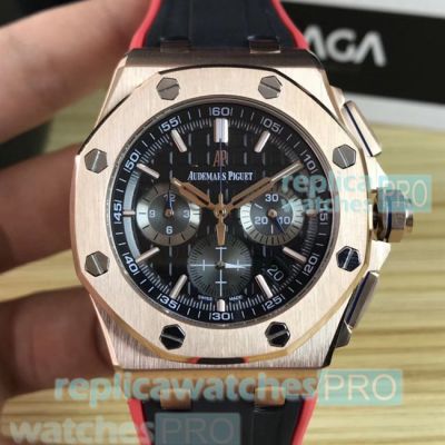 Audemars Piguet Royal Oak Offshore Replica Watch Rose Gold Bezel Black & Red Rubber Strap